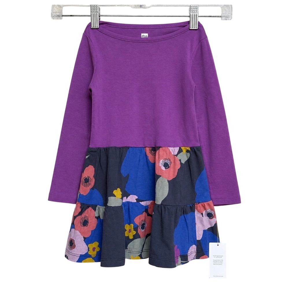 NWT Tea Collection Girls Purple Long Sleeve Floral Tiered Skirt Knit Dress 2